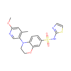 COc1cc(C)c(N2CCOc3cc(S(=O)(=O)Nc4nccs4)ccc32)cn1 ZINC000220245409