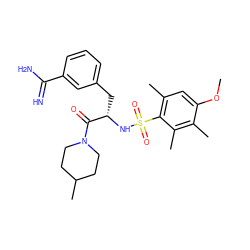 COc1cc(C)c(S(=O)(=O)N[C@@H](Cc2cccc(C(=N)N)c2)C(=O)N2CCC(C)CC2)c(C)c1C ZINC000003834136