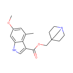 COc1cc(C)c2c(C(=O)OCC34CCN(CC3)CC4)c[nH]c2c1 ZINC001772612471