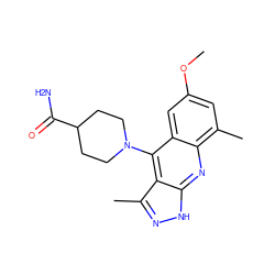 COc1cc(C)c2nc3[nH]nc(C)c3c(N3CCC(C(N)=O)CC3)c2c1 ZINC000073196151