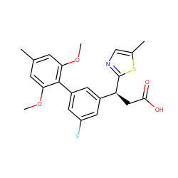 COc1cc(C)cc(OC)c1-c1cc(F)cc([C@H](CC(=O)O)c2ncc(C)s2)c1 ZINC001772624729