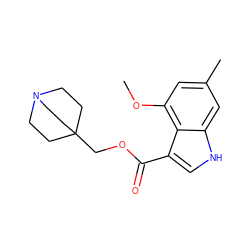 COc1cc(C)cc2[nH]cc(C(=O)OCC34CCN(CC3)CC4)c12 ZINC001772618217