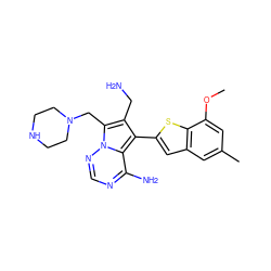 COc1cc(C)cc2cc(-c3c(CN)c(CN4CCNCC4)n4ncnc(N)c34)sc12 ZINC000220095592