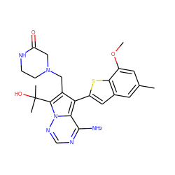 COc1cc(C)cc2cc(-c3c(CN4CCNC(=O)C4)c(C(C)(C)O)n4ncnc(N)c34)sc12 ZINC000217831305