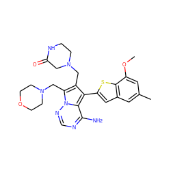 COc1cc(C)cc2cc(-c3c(CN4CCNC(=O)C4)c(CN4CCOCC4)n4ncnc(N)c34)sc12 ZINC000218068215