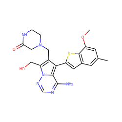 COc1cc(C)cc2cc(-c3c(CN4CCNC(=O)C4)c(CO)n4ncnc(N)c34)sc12 ZINC000218054906