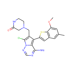 COc1cc(C)cc2cc(-c3c(CN4CCNC(=O)C4)c(Cl)n4ncnc(N)c34)sc12 ZINC000205983855