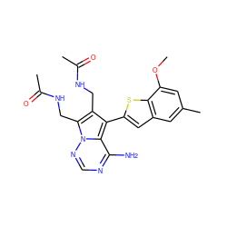 COc1cc(C)cc2cc(-c3c(CNC(C)=O)c(CNC(C)=O)n4ncnc(N)c34)sc12 ZINC000218049585