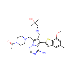 COc1cc(C)cc2cc(-c3c(CNCC(C)(C)O)c(CN4CCN(C(C)=O)CC4)n4ncnc(N)c34)sc12 ZINC000218043628