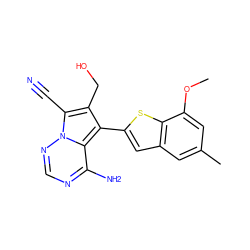 COc1cc(C)cc2cc(-c3c(CO)c(C#N)n4ncnc(N)c34)sc12 ZINC000218042598