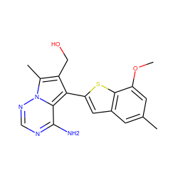 COc1cc(C)cc2cc(-c3c(CO)c(C)n4ncnc(N)c34)sc12 ZINC000218049053