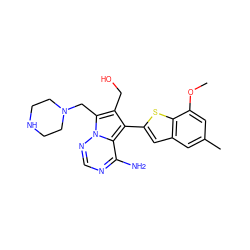 COc1cc(C)cc2cc(-c3c(CO)c(CN4CCNCC4)n4ncnc(N)c34)sc12 ZINC000218049273