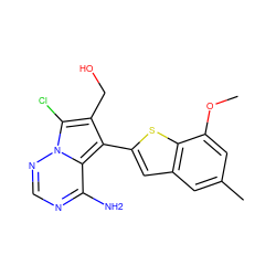 COc1cc(C)cc2cc(-c3c(CO)c(Cl)n4ncnc(N)c34)sc12 ZINC000218049164