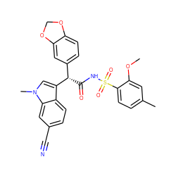 COc1cc(C)ccc1S(=O)(=O)NC(=O)[C@@H](c1ccc2c(c1)OCO2)c1cn(C)c2cc(C#N)ccc12 ZINC000103275724