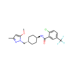 COc1cc(C)nn1C[C@H]1CC[C@H](NC(=O)c2cc(C(F)(F)F)ccc2Cl)CC1 ZINC000261126900