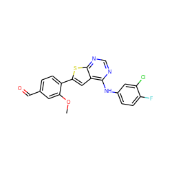 COc1cc(C=O)ccc1-c1cc2c(Nc3ccc(F)c(Cl)c3)ncnc2s1 ZINC000653698587