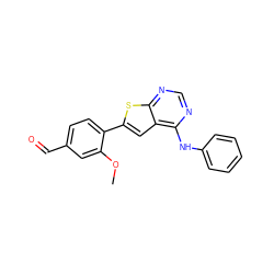 COc1cc(C=O)ccc1-c1cc2c(Nc3ccccc3)ncnc2s1 ZINC000653710230