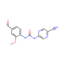 COc1cc(C=O)ccc1NC(=O)Nc1cnc(C#N)cn1 ZINC000014956207