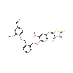 COc1cc(C=O)ccc1OCc1ccccc1COc1ccc(/C=C2/SC(=S)NC2=O)cc1OC ZINC000009296550