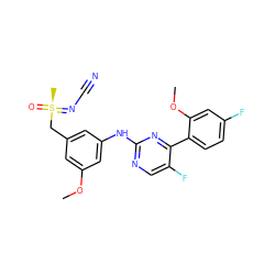 COc1cc(C[S@](C)(=O)=NC#N)cc(Nc2ncc(F)c(-c3ccc(F)cc3OC)n2)c1 ZINC000206899276