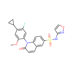 COc1cc(C2CC2)c(F)cc1-n1c(=O)ccc2cc(S(=O)(=O)Nc3ccon3)ccc21 ZINC001772587264