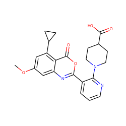 COc1cc(C2CC2)c2c(=O)oc(-c3cccnc3N3CCC(C(=O)O)CC3)nc2c1 ZINC000100091374