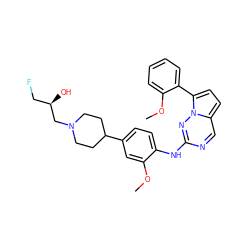 COc1cc(C2CCN(C[C@H](O)CF)CC2)ccc1Nc1ncc2ccc(-c3ccccc3OC)n2n1 ZINC000095577344