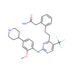 COc1cc(C2CCNCC2)ccc1Nc1ncc(C(F)(F)F)c(CCc2ccccc2CC(N)=O)n1 ZINC000147700614