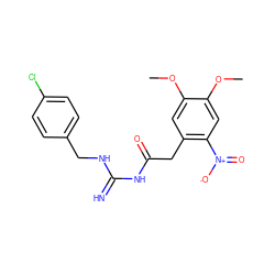 COc1cc(CC(=O)NC(=N)NCc2ccc(Cl)cc2)c([N+](=O)[O-])cc1OC ZINC000299834409