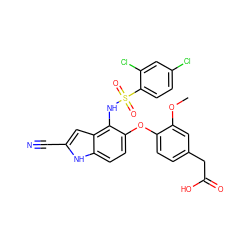 COc1cc(CC(=O)O)ccc1Oc1ccc2[nH]c(C#N)cc2c1NS(=O)(=O)c1ccc(Cl)cc1Cl ZINC000117741861