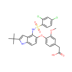 COc1cc(CC(=O)O)ccc1Oc1ccc2[nH]c(C(C)(C)C)cc2c1NS(=O)(=O)c1ccc(Cl)cc1Cl ZINC000169348399