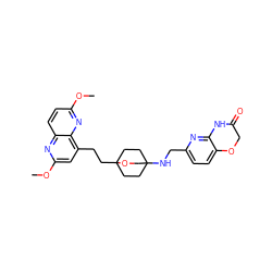 COc1cc(CCC23CCC(NCc4ccc5c(n4)NC(=O)CO5)(CC2)CO3)c2nc(OC)ccc2n1 ZINC000299866493