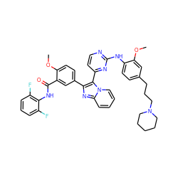 COc1cc(CCCN2CCCCC2)ccc1Nc1nccc(-c2c(-c3ccc(OC)c(C(=O)Nc4c(F)cccc4F)c3)nc3ccccn23)n1 ZINC000165096361