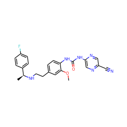 COc1cc(CCN[C@@H](C)c2ccc(F)cc2)ccc1NC(=O)Nc1cnc(C#N)cn1 ZINC000146227379