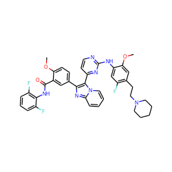 COc1cc(CCN2CCCCC2)c(F)cc1Nc1nccc(-c2c(-c3ccc(OC)c(C(=O)Nc4c(F)cccc4F)c3)nc3ccccn23)n1 ZINC000165079666