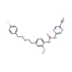 COc1cc(CCNCCc2ccc(F)cc2)ccc1NC(=O)Nc1cnc(C#N)cn1 ZINC000140066426