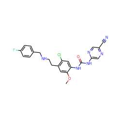 COc1cc(CCNCc2ccc(F)cc2)c(Cl)cc1NC(=O)Nc1cnc(C#N)cn1 ZINC000139754778