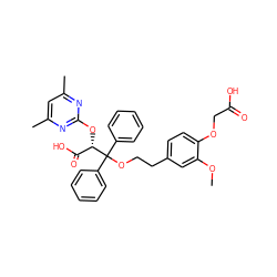 COc1cc(CCOC(c2ccccc2)(c2ccccc2)[C@@H](Oc2nc(C)cc(C)n2)C(=O)O)ccc1OCC(=O)O ZINC000026819104