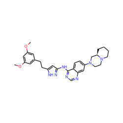 COc1cc(CCc2cc(Nc3ncnc4cc(N5CCN6CCCC[C@@H]6C5)ccc34)n[nH]2)cc(OC)c1 ZINC000653854010