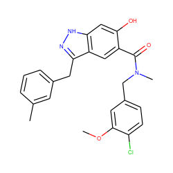 COc1cc(CN(C)C(=O)c2cc3c(Cc4cccc(C)c4)n[nH]c3cc2O)ccc1Cl ZINC000084710092