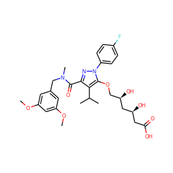 COc1cc(CN(C)C(=O)c2nn(-c3ccc(F)cc3)c(OC[C@@H](O)C[C@@H](O)CC(=O)O)c2C(C)C)cc(OC)c1 ZINC000014967910