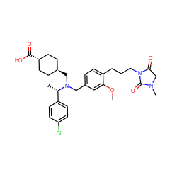 COc1cc(CN(C[C@H]2CC[C@H](C(=O)O)CC2)[C@@H](C)c2ccc(Cl)cc2)ccc1CCCN1C(=O)CN(C)C1=O ZINC000473228831