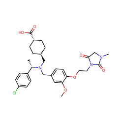 COc1cc(CN(C[C@H]2CC[C@H](C(=O)O)CC2)[C@@H](C)c2ccc(Cl)cc2)ccc1OCCN1C(=O)CN(C)C1=O ZINC000473228895