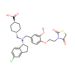 COc1cc(CN(C[C@H]2CC[C@H](C(=O)O)CC2)[C@@H]2CCc3cc(Cl)ccc32)ccc1OCCN1C(=O)CSC1=O ZINC000473228769