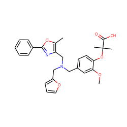 COc1cc(CN(Cc2ccco2)Cc2nc(-c3ccccc3)oc2C)ccc1OC(C)(C)C(=O)O ZINC000095559925