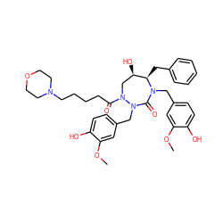 COc1cc(CN2C(=O)N(Cc3ccc(O)c(OC)c3)N(C(=O)CCCCN3CCOCC3)C[C@@H](O)[C@H]2Cc2ccccc2)ccc1O ZINC000028564312