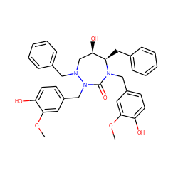 COc1cc(CN2C(=O)N(Cc3ccc(O)c(OC)c3)N(Cc3ccccc3)C[C@@H](O)[C@H]2Cc2ccccc2)ccc1O ZINC000003833857