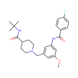 COc1cc(CN2CCC(C(=O)NC(C)(C)C)CC2)cc(NC(=O)c2ccc(F)cc2)c1 ZINC001772623294