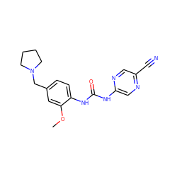 COc1cc(CN2CCCC2)ccc1NC(=O)Nc1cnc(C#N)cn1 ZINC000014956222