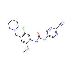 COc1cc(CN2CCCCC2)c(Cl)cc1NC(=O)Nc1cnc(C#N)cn1 ZINC000014956150